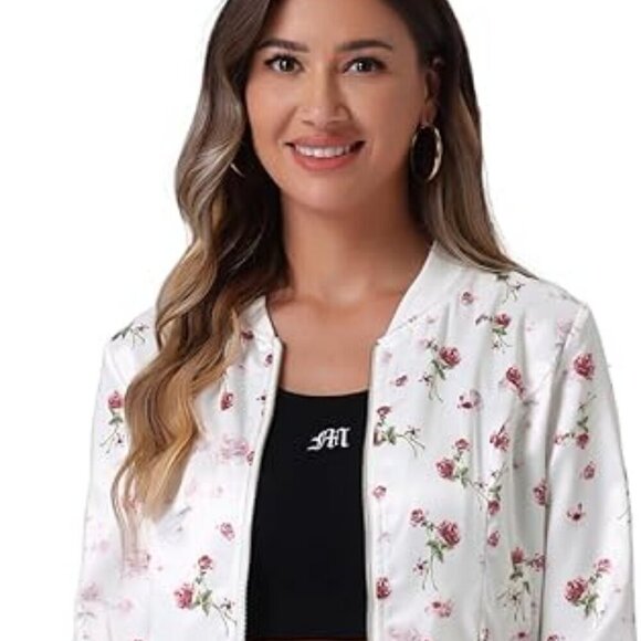 Women's Stand Collar Zip Up Floral Prints Bomber Jacket - Picture 1 of 8